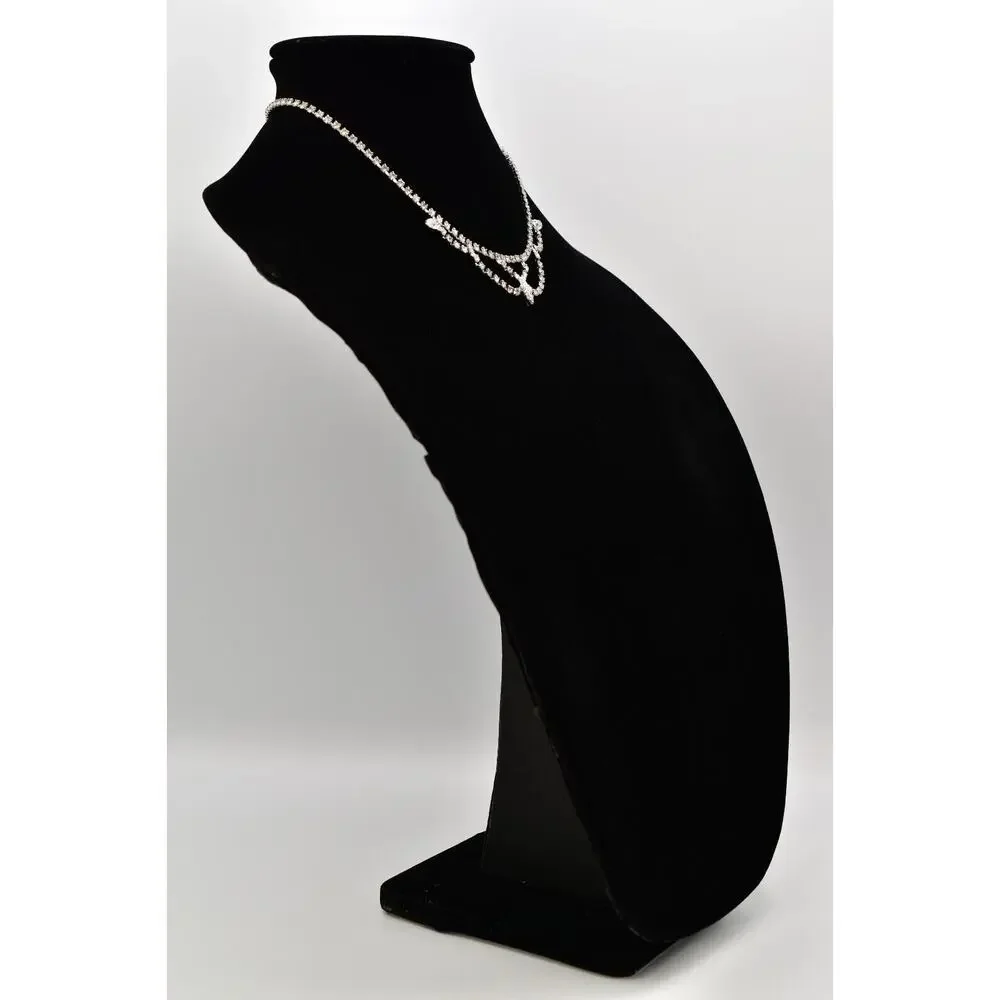 Vintage Crystal Collar Necklace Prong Rhinestone Silver Tone Shiny 1980s BinBD